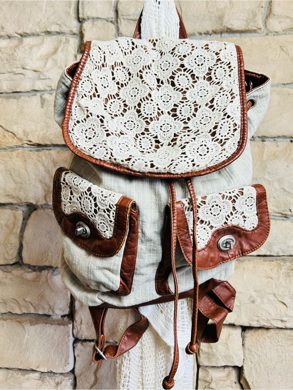 Boho Crochet Accent Canvas Backpack - Cream & Brown by Mudd